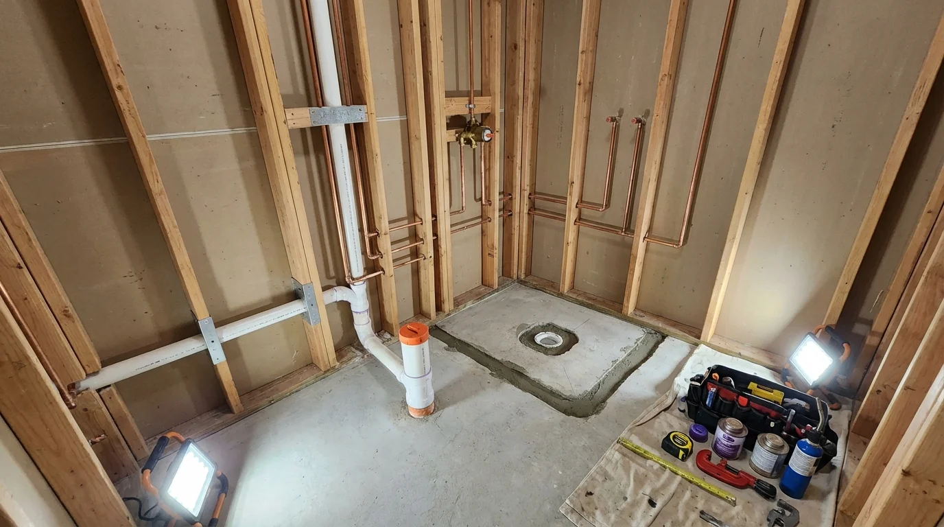 Bathroom rough-in plumbing during remodel by Johns Plumbing LLC in Haltom City
