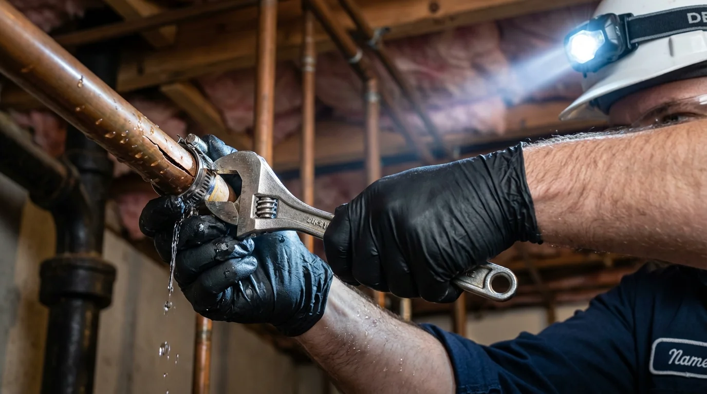 Emergency pipe clamp repair being performed by a Johns Plumbing LLC plumber in Haltom City