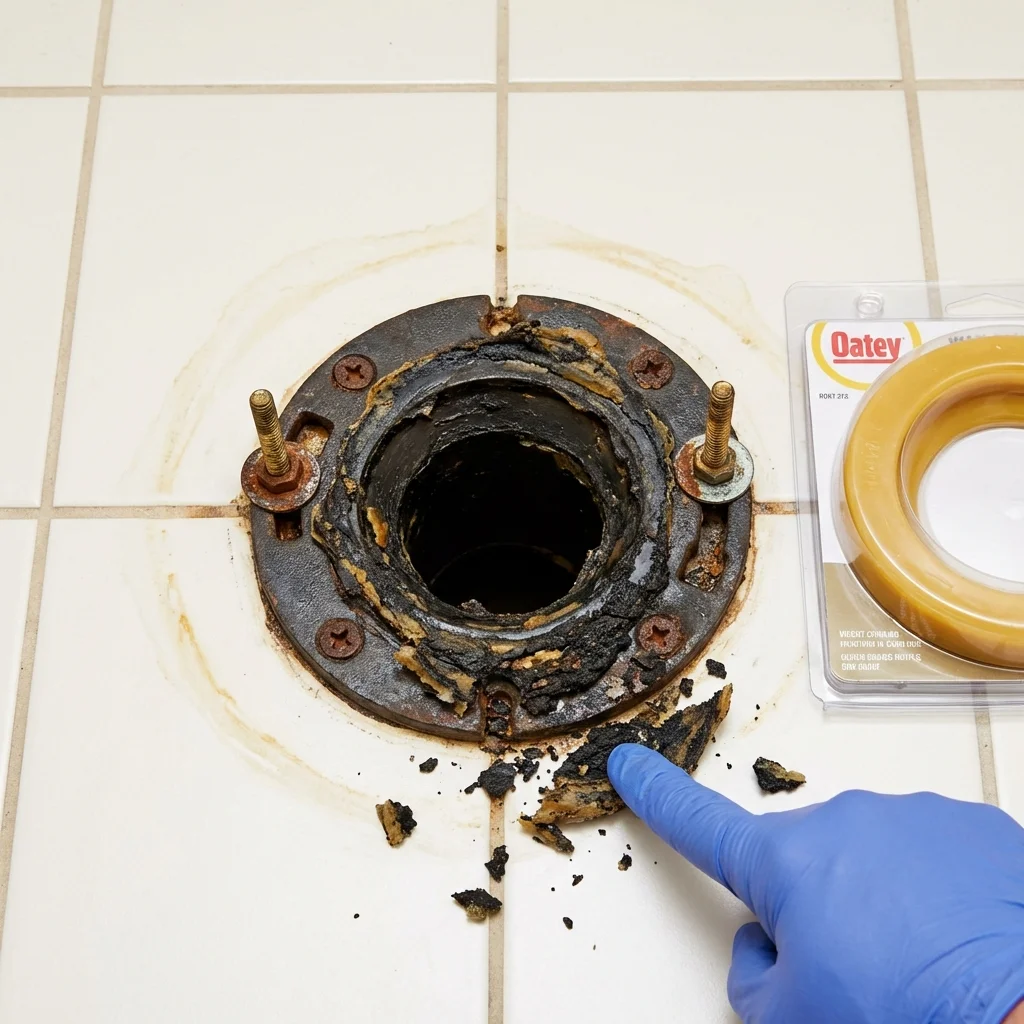 Failed wax ring showing water seepage at the base of a toilet in a Haltom City, TX home