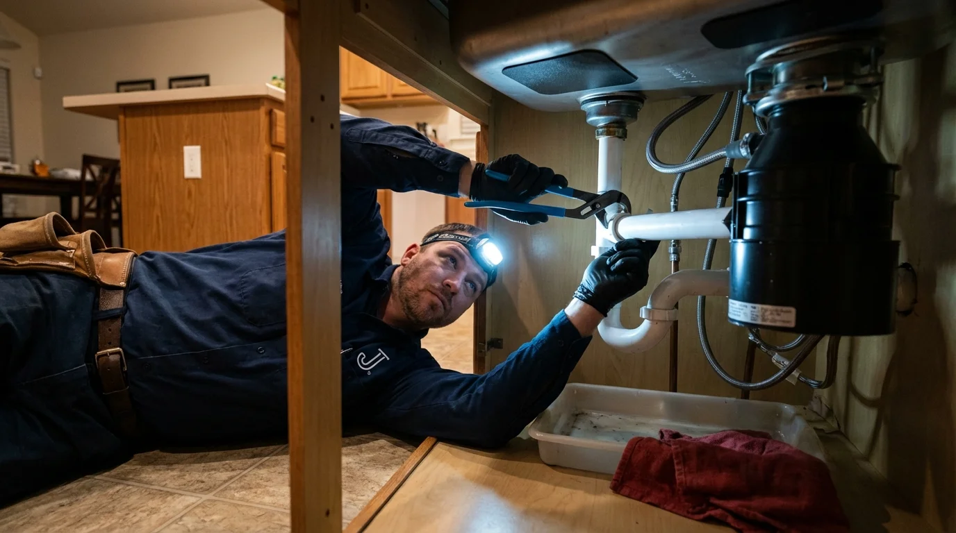 P-trap and supply line connections under a kitchen sink showing a common leak point in Haltom City, TX